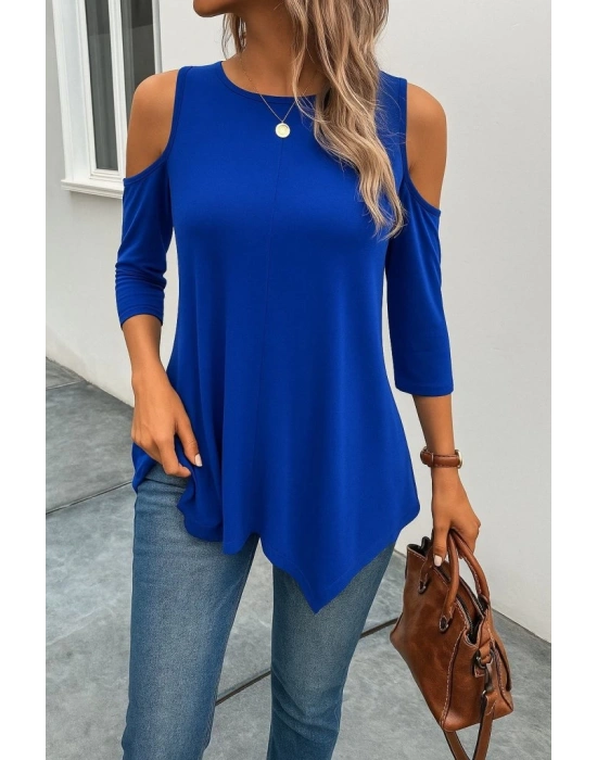 Kadın Omuzlardan Açık Sıfır Yaka Asimetrik Kesim Detay Viskon Bluz