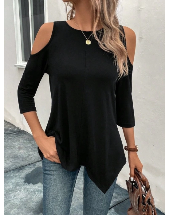 Kadın Omuzlardan Açık Sıfır Yaka Asimetrik Kesim Detay Viskon Bluz