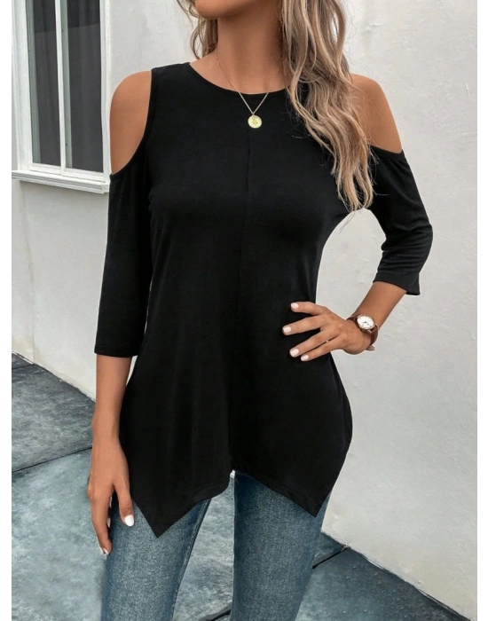 Kadın Omuzlardan Açık Sıfır Yaka Asimetrik Kesim Detay Viskon Bluz