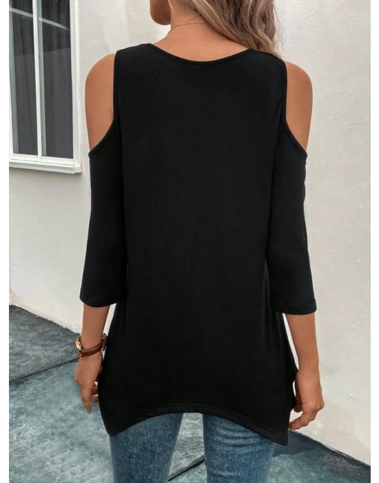 Kadın Omuzlardan Açık Sıfır Yaka Asimetrik Kesim Detay Viskon Bluz