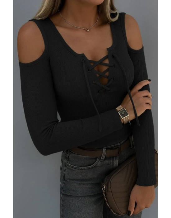 Kadın Omuzlardan Açık Uzun Kollu Bağcıklı Kaşkorse Bluz