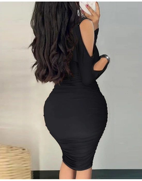 Kadın Omuzlardan Açık Uzun Kollu Taşlı Degaje Yakalı Sandy Midi Elbise