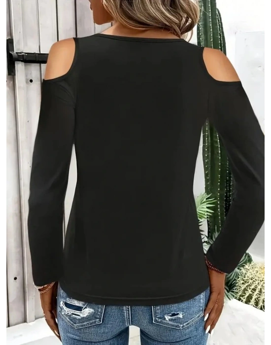 Kadın Omuzlardan Açık Uzun Kollu Yakadan Halka şerit Detaylı Viskon Bluz