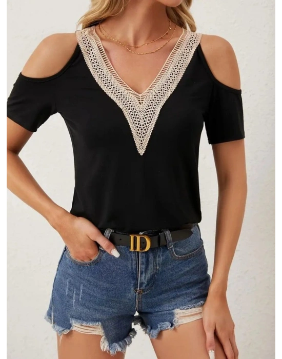 Kadın Omuzlardan Açık V Yakalı Viskon Bluz