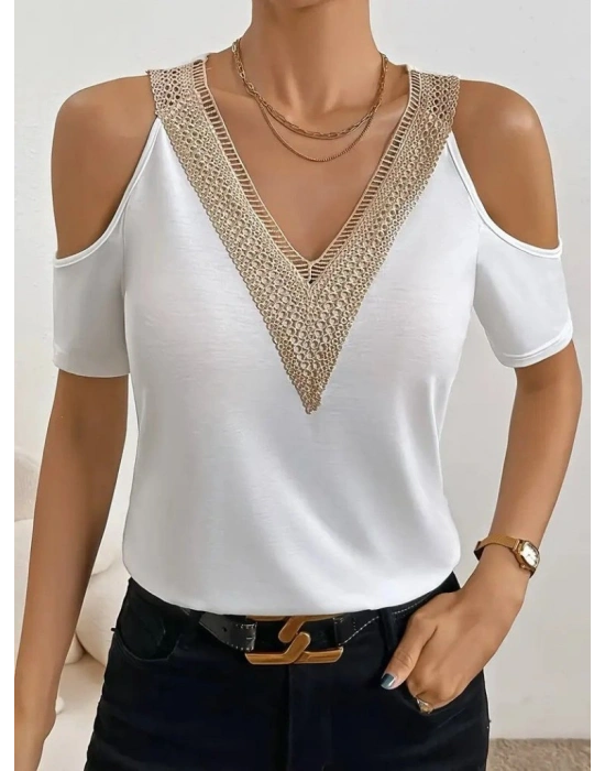 Kadın Omuzlardan Açık V Yakalı Viskon Bluz