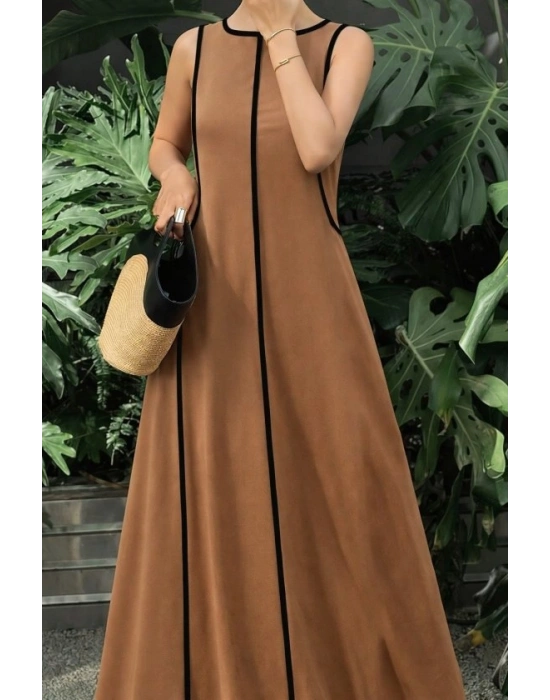 Kadın Omuzlardan Açık Yaka Ince şerit Detaylı Uzun Viskon Elbise