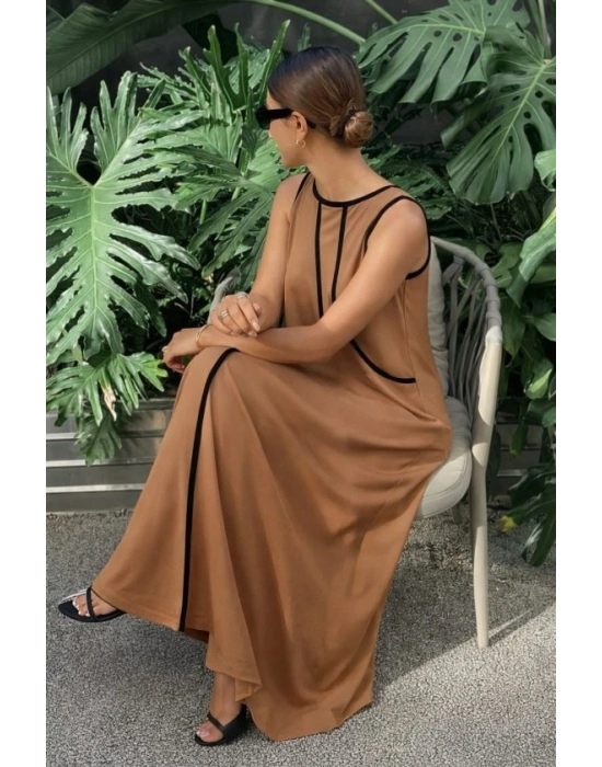 Kadın Omuzlardan Açık Yaka Ince şerit Detaylı Uzun Viskon Elbise