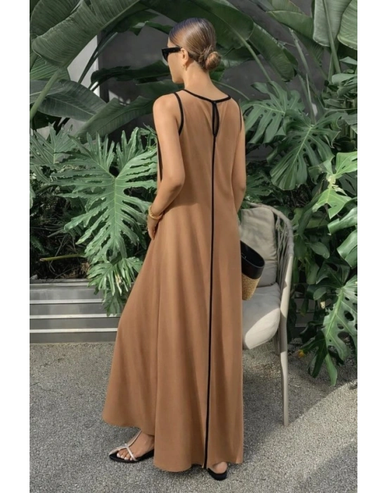 Kadın Omuzlardan Açık Yaka Ince şerit Detaylı Uzun Viskon Elbise