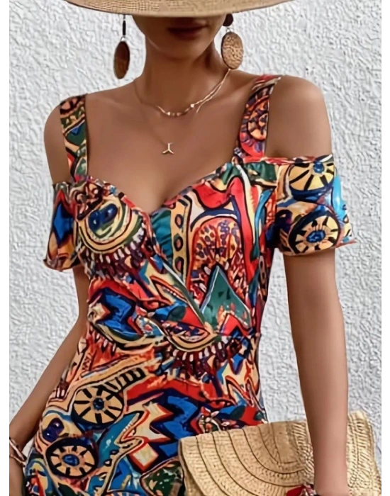 Kadın Omuzlardan Açıl Askılı Desenli Süprem Elbise