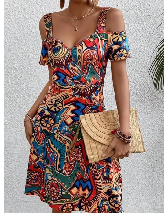 Kadın Omuzlardan Açıl Askılı Desenli Süprem Elbise