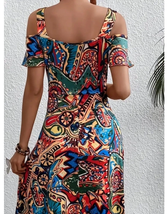 Kadın Omuzlardan Açıl Askılı Desenli Süprem Elbise