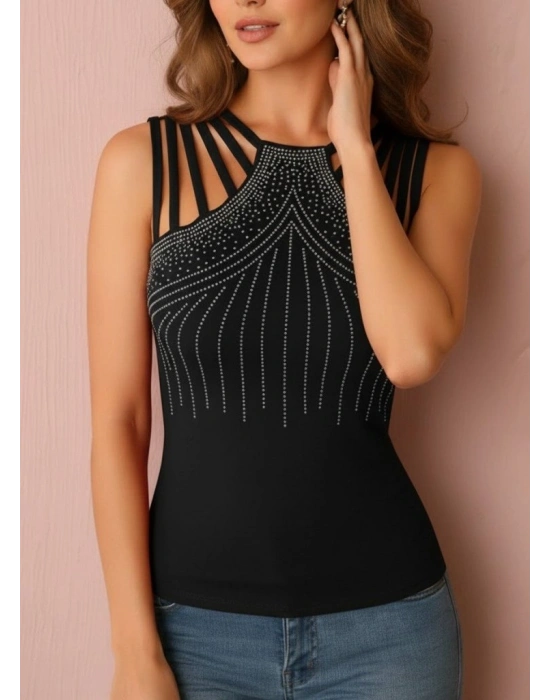 Kadın Omuzlardan Askı şerit Detaylı Taşlı Viskon Bluz