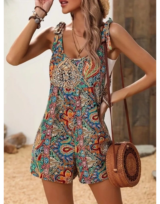 Kadın Omuzlardan Askılı Desenli Geniş Paçalı Süprem Tulum