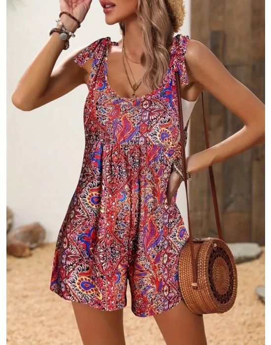 Kadın Omuzlardan Askılı Desenli Geniş Paçalı Süprem Tulum