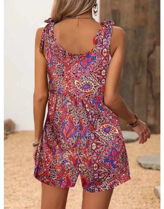 Kadın Omuzlardan Askılı Desenli Geniş Paçalı Süprem Tulum