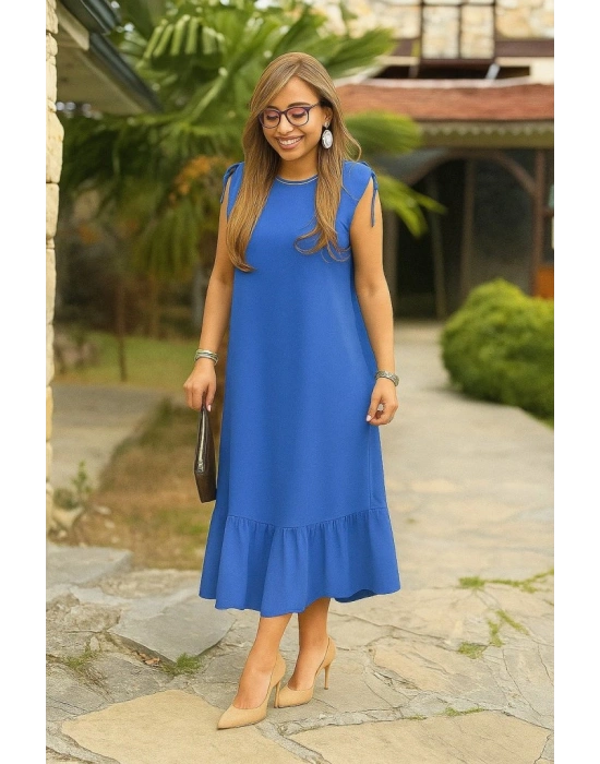 Kadın Omuzlardan Büzgülü Kayık Yaka Fırfırlı Janjan Krep Elbise