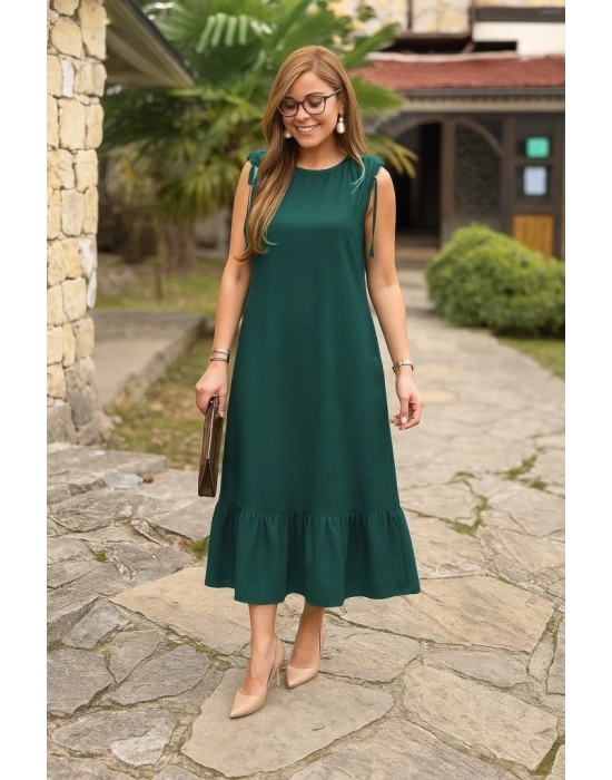 Kadın Omuzlardan Büzgülü Kayık Yaka Fırfırlı Janjan Krep Elbise