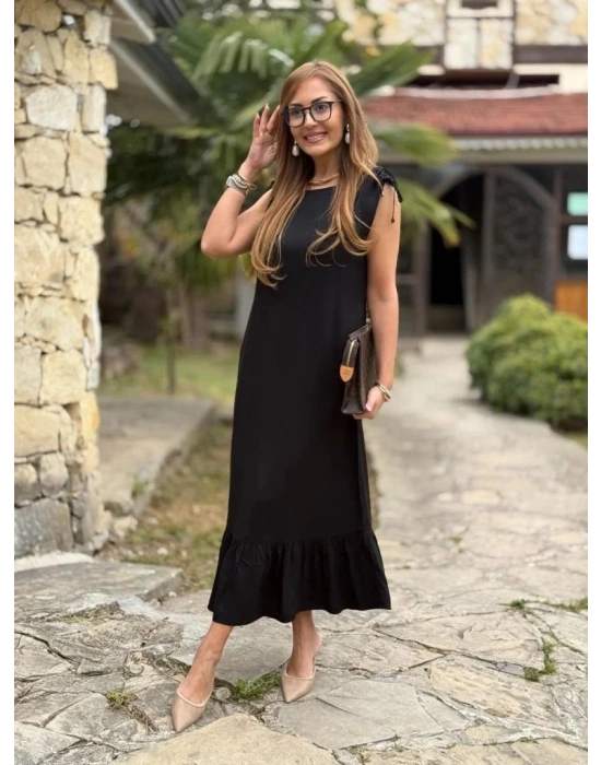 Kadın Omuzlardan Büzgülü Kayık Yaka Fırfırlı Janjan Krep Elbise