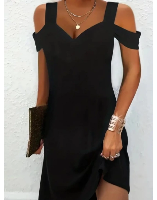 Kadın Omuzları Askılı Açık Kalp Yaka Jan Jan Krep Mini Elbise