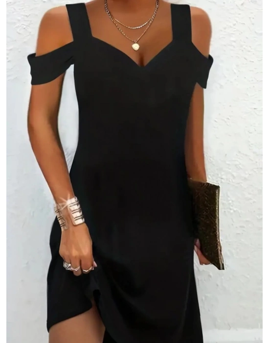 Kadın Omuzları Askılı Açık Kalp Yaka Jan Jan Krep Mini Elbise