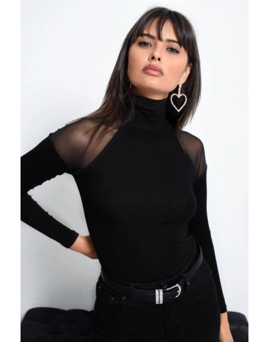 Kadın Omuzları Tül Balıkçı Yaka Viskon Kumaş Bluz