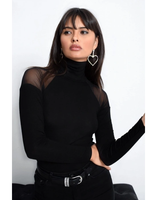 Kadın Omuzları Tül Balıkçı Yaka Viskon Kumaş Bluz