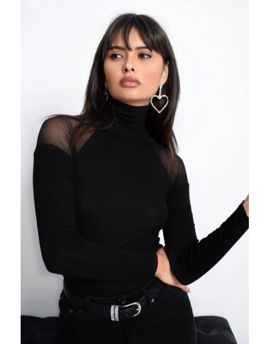 Kadın Omuzları Tül Balıkçı Yaka Viskon Kumaş Bluz