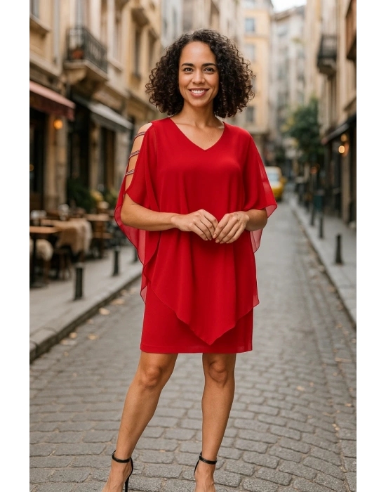 Kadın Omzu Açık V Yaka Şifonlu andy Kumaş Fırsat Ürün Diz Üstü Elbise