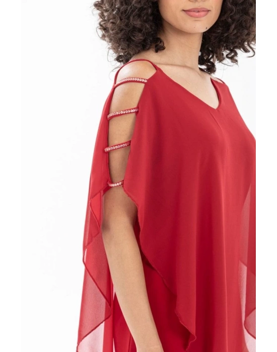 Kadın Omzu Açık V Yaka Şifonlu andy Kumaş Fırsat Ürün Diz Üstü Elbise