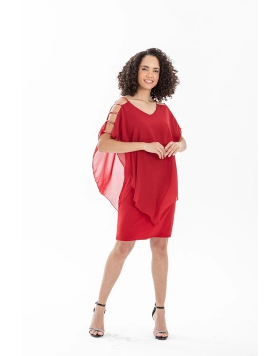 Kadın Omzu Açık V Yaka Şifonlu andy Kumaş Fırsat Ürün Diz Üstü Elbise