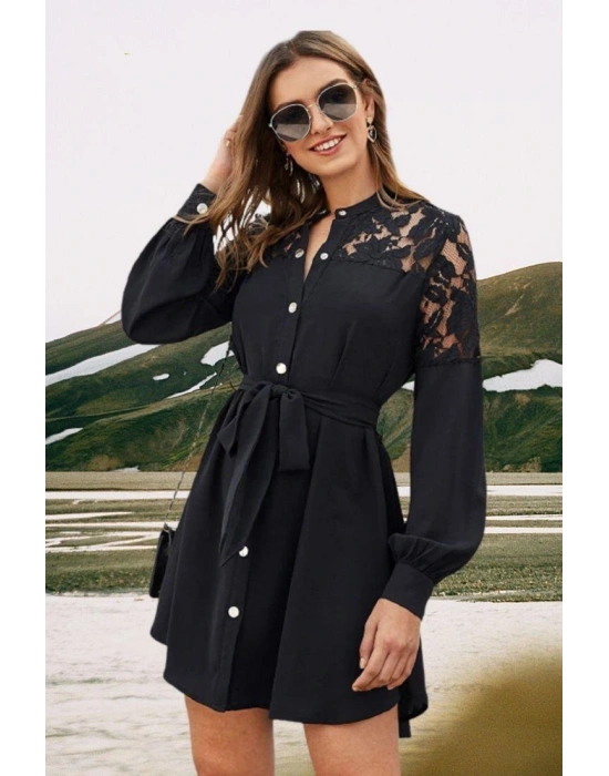 Kadın Omzu Flok Baskılı Çıtçıtlı Dokuma Viskon Kumaş Gömlek Elbise