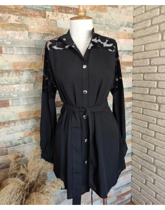 Kadın Omzu Flok Baskılı Çıtçıtlı Dokuma Viskon Kumaş Gömlek Elbise