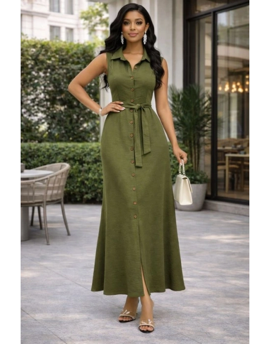 Kadın önden Düğmeli Beli Kuşaklı Maxi Boy Aerobin Kumaş Gömlek Elbise