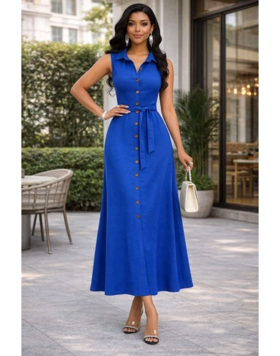 Kadın önden Düğmeli Beli Kuşaklı axi Boy Aerobin Kumaş Gömlek Elbise