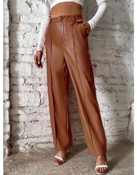 Kadın önden Fermuarlı Cepli Geniş Kesim Lame Deri Pantolon