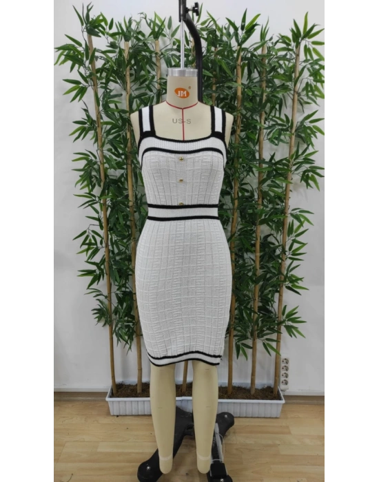 Kadın önü Düğme Detay Kalın Askılı Mini Triko Elbise