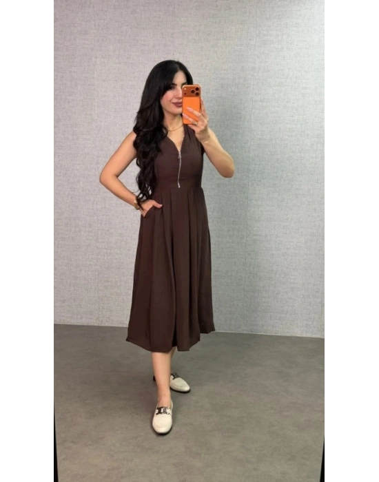 Kadın önü Fermuar Detaylı Pileli idi Boy Elbise