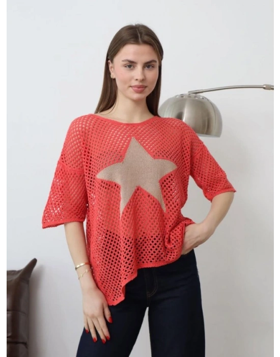 Kadın önü Yıldız Desenli File Triko Bluz