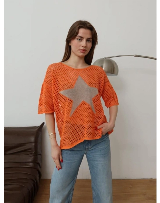 Kadın önü Yıldız Desenli File Triko Bluz