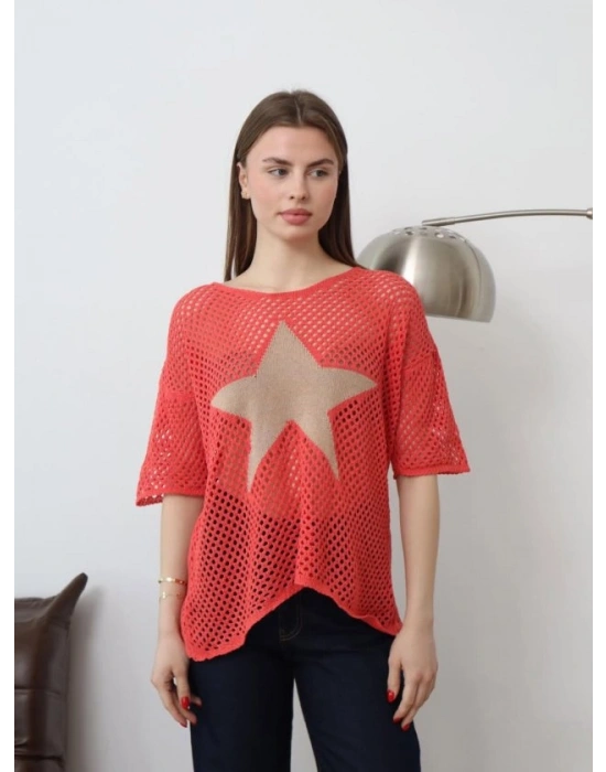 Kadın önü Yıldız Desenli File Triko Bluz