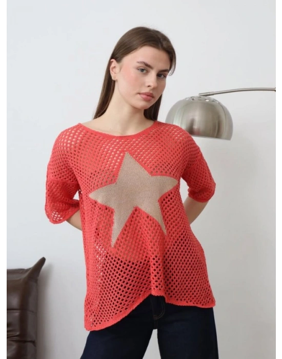 Kadın önü Yıldız Desenli File Triko Bluz