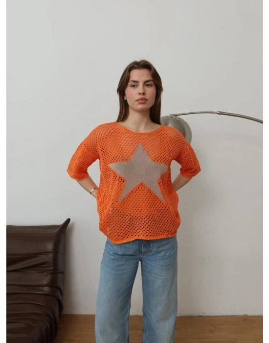 Kadın önü Yıldız Desenli File Triko Bluz