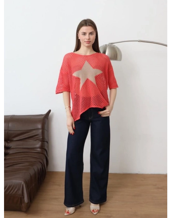 Kadın önü Yıldız Desenli File Triko Bluz