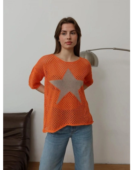 Kadın önü Yıldız Desenli File Triko Bluz