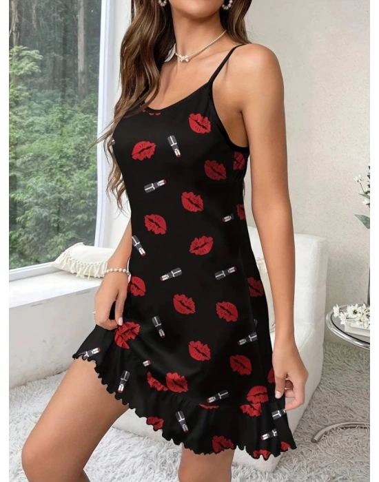 Kadın öpücük Baskılı Askılı Gecelik Süprem Elbise