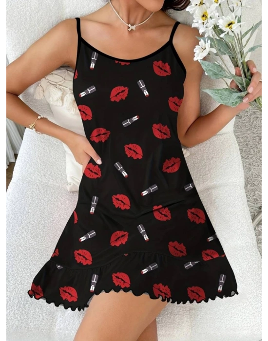 Kadın öpücük Baskılı Askılı Gecelik Süprem Elbise