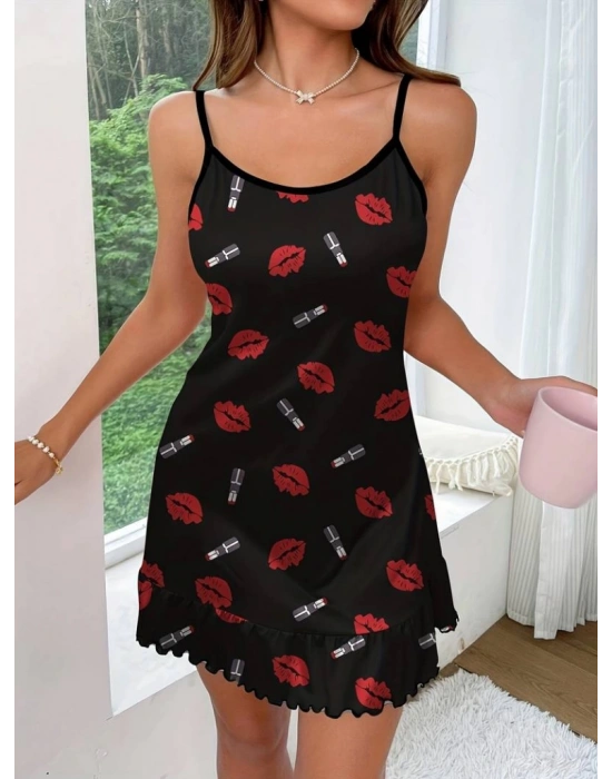 Kadın öpücük Baskılı Askılı Gecelik Süprem Elbise