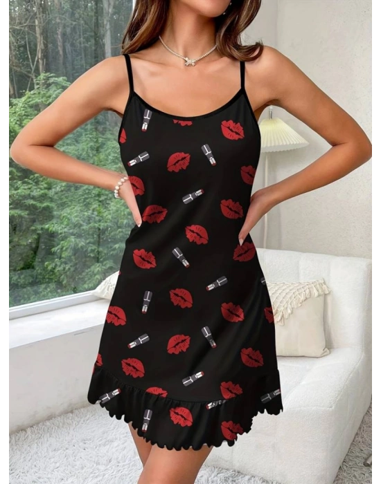 Kadın öpücük Baskılı Askılı Gecelik Süprem Elbise