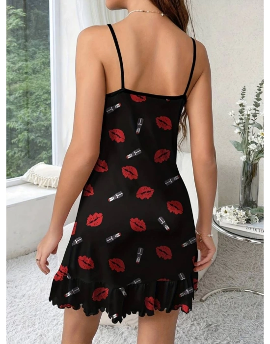 Kadın öpücük Baskılı Askılı Gecelik Süprem Elbise