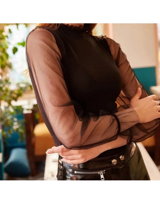 Kadın örme Krep Kumaş Kolları Dantelli Bluz